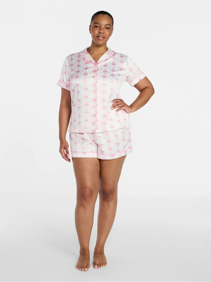 Joyspun Women’s Stretch Satin Short Sleeve Top and Shorts Pajama Set, Sizes XS-3X | Walmart (US)