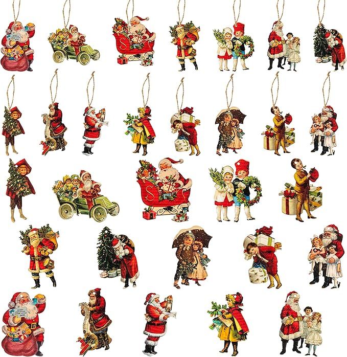 46Pcs Christmas Victorian Style Banner Vintage Santa Claus Child Wood Ornaments Decorations, C... | Amazon (US)
