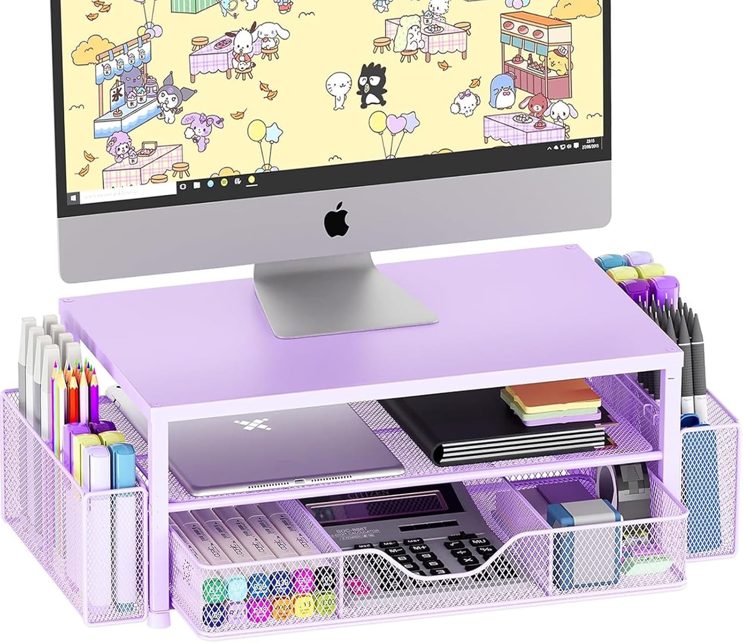 Desk Organizer and Accessories, 2-Tier Computer Monitor Stand Riser with Drawer and 2 Pen Holders, Laptop Stand, Office Desk Accessories for Office Supplies, Purple | Amazon (US)