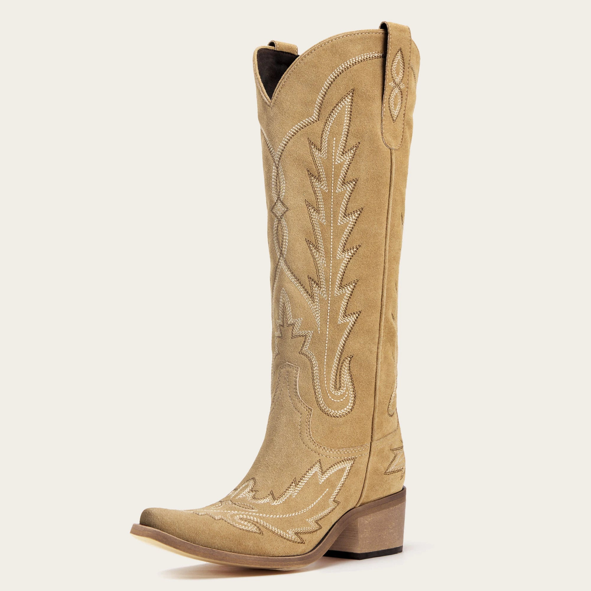 The Rosemary - Beige Suede Classic Tall Cowgirl Boots with Embroidery | REDTOP