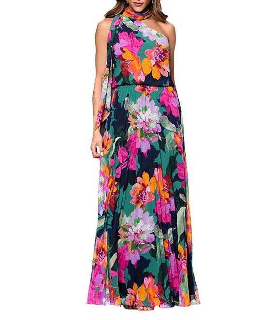 Pleated Chiffon Floral Print Halter Neck Scarf Sleeveless Blouson Maxi Dress | Dillard's