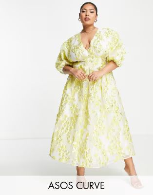 ASOS EDITION Curve pleat waist jacquard midi dress in yellow | ASOS (Global)