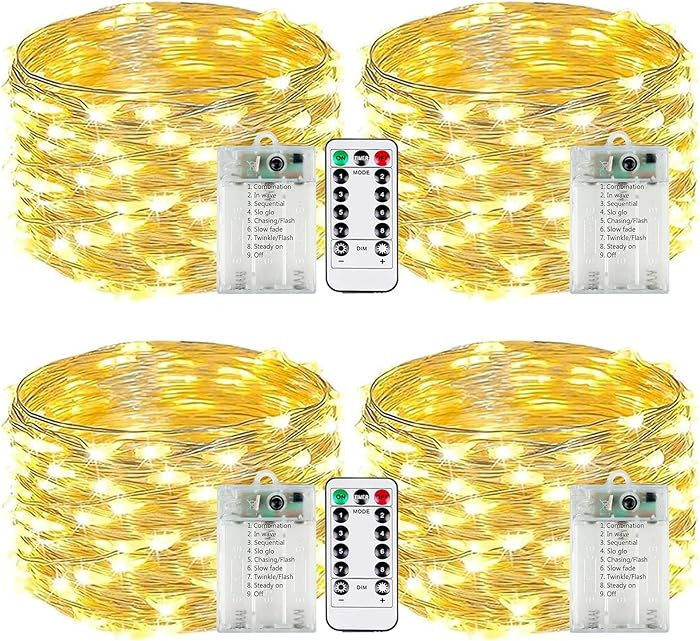 4-Pack Fairy Lights Battery Operated with Remote & Timer & 8 Modes, Waterproof 16 FT 50 LED Strin... | Amazon (US)