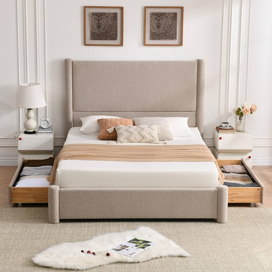 VELOCAVA King Size Upholstered Bed Frame with 51.77" Tall Headboard and Soft Rounded Corners, 2 S... | Amazon (US)