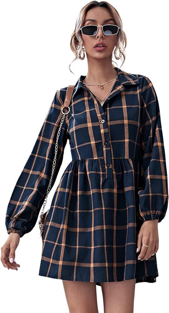 MakeMeChic Women's Plaid Bishop Long Sleeve Button Front High Waist A-Line Dress Short Dress | Amazon (US)