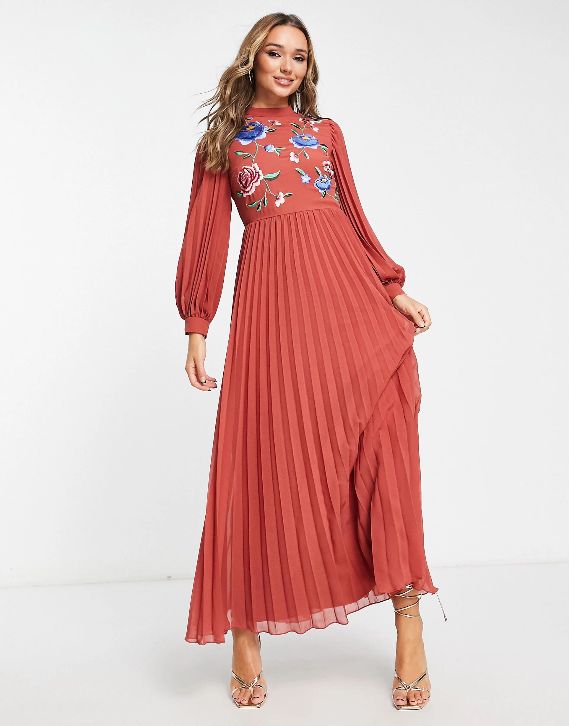 ASOS DESIGN high neck pleated embroidery maxi dress in rust | ASOS (Global)