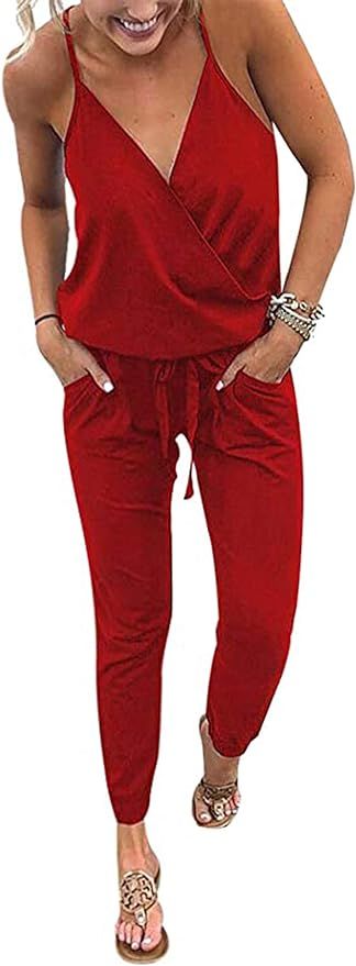 ECOWISH Women's V Neck Spaghetti Strap Drawstring Waisted Long Pants Jumpsuit Rompers | Amazon (US)