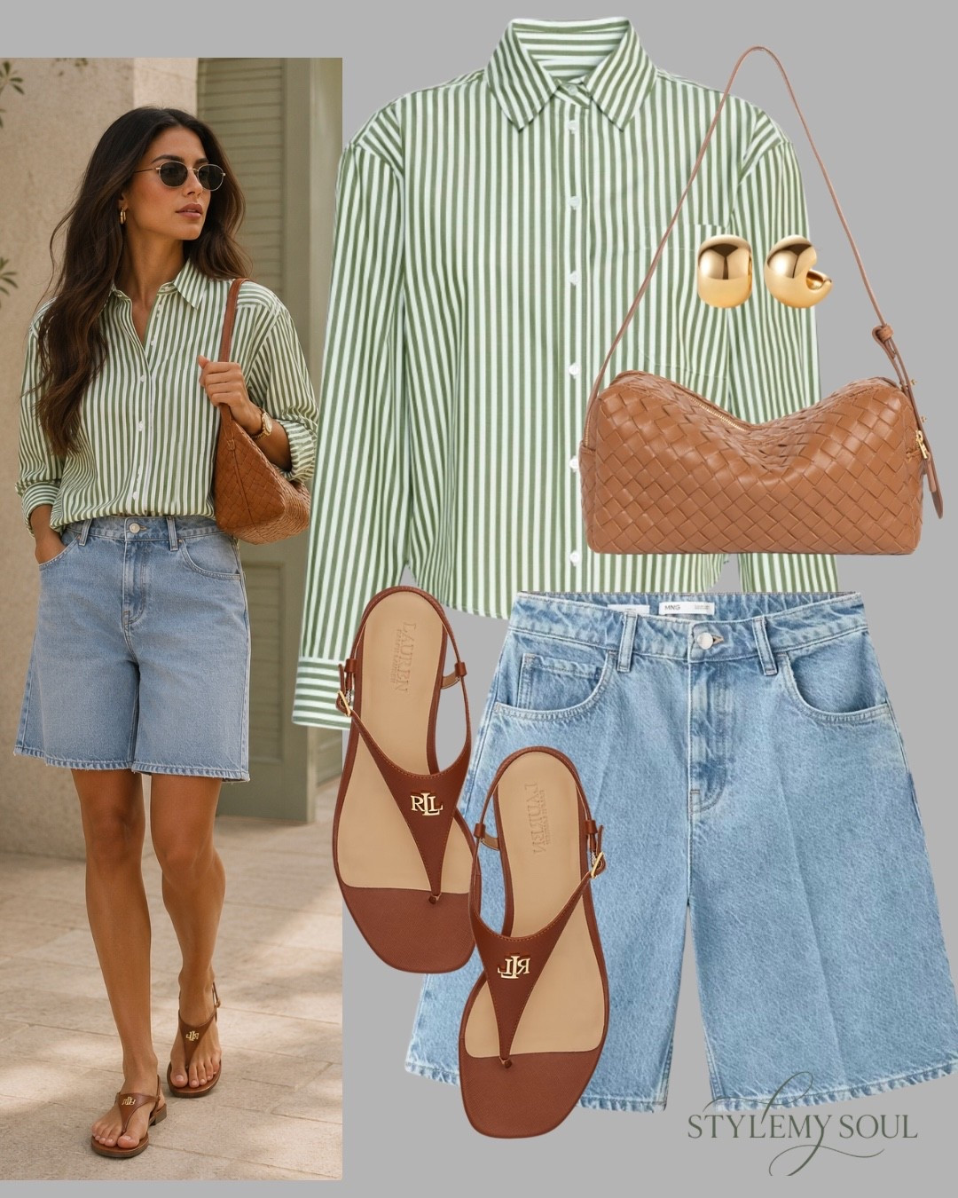 Striped shirt denim shorts, camel sandals, gold earrings

#LTKWorkwear #LTKootd #LTKOver40