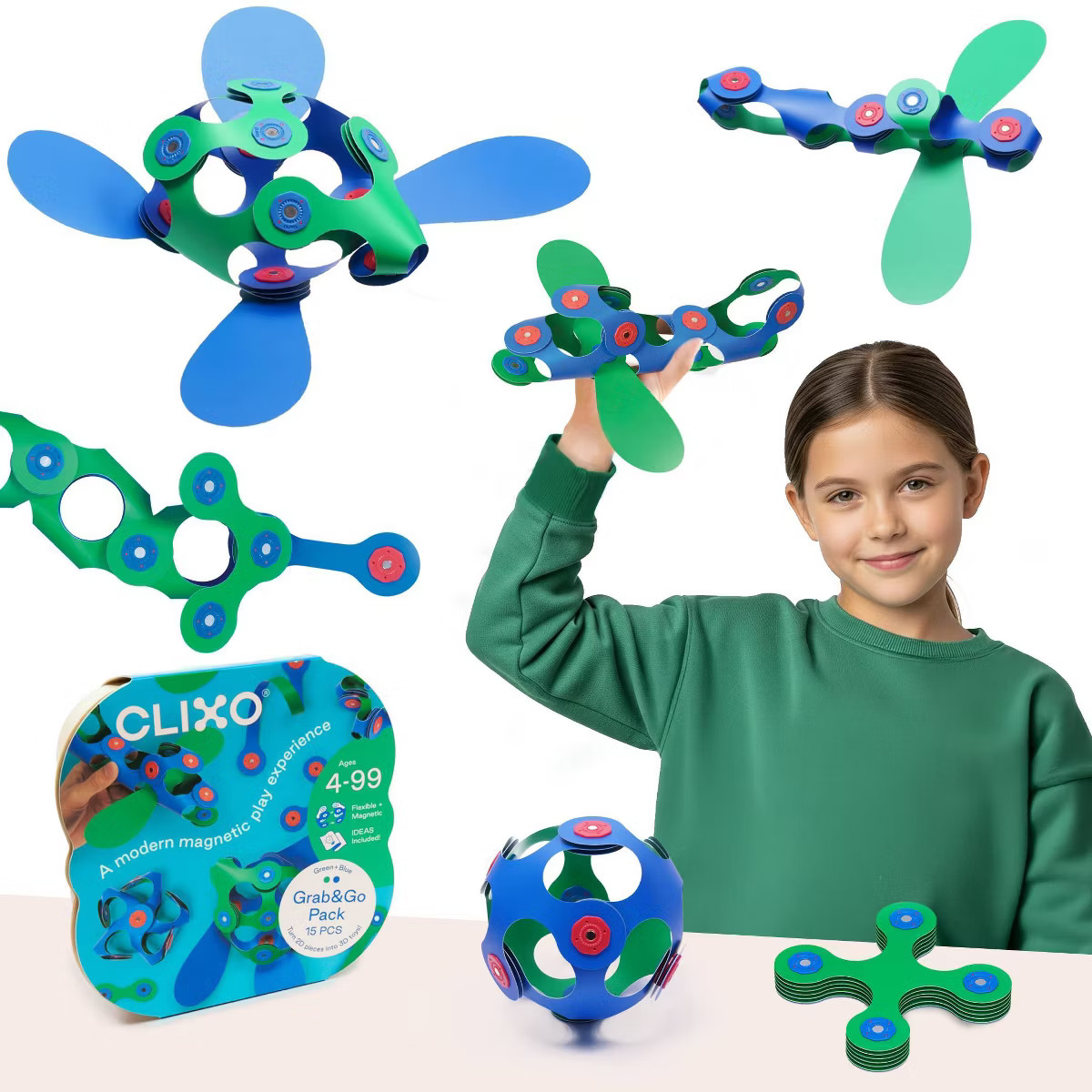 Clixo Grab & Go - Green/Blue: Magnetic Building Set for Creative Thinking, Fine Motor Skills, 15 ... | Target
