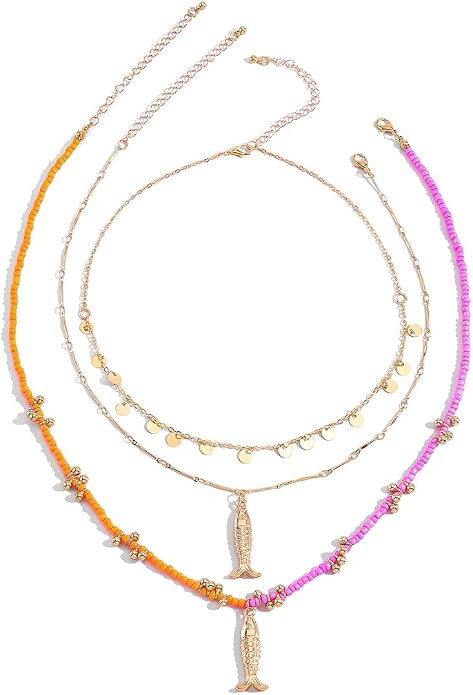 Stylish Double Layered Rope Necklace for Women, Multi-Layer Egg Flower Printed Fish Porcelain Pen... | Amazon (US)