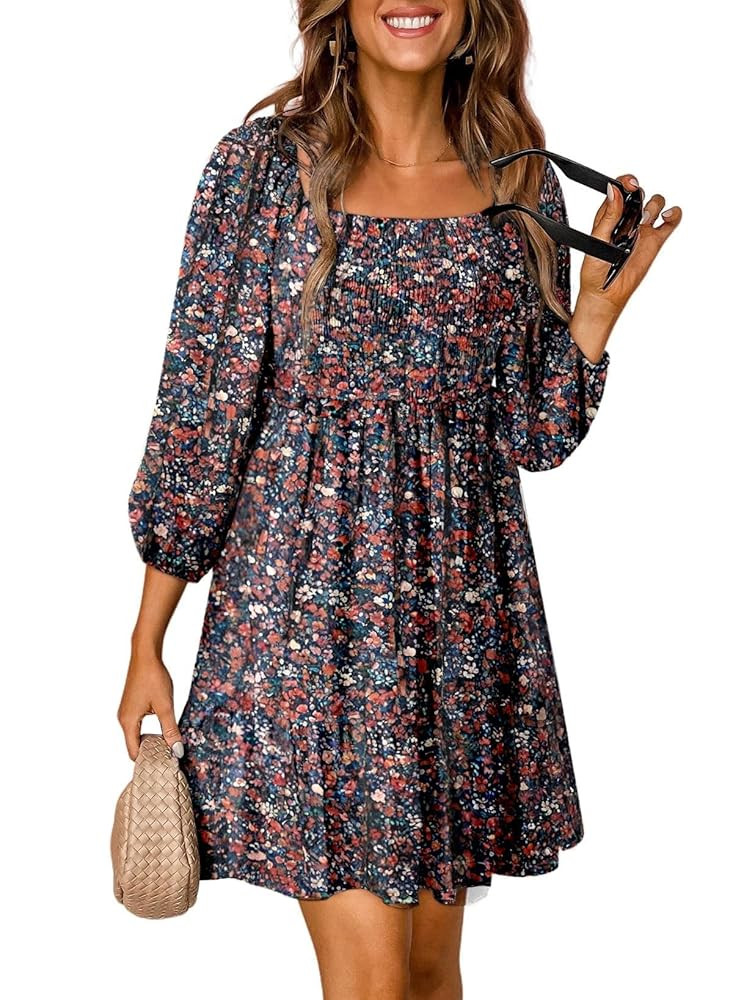 Dokotoo Fall Dresses for Women 2025 Boho Floral Square Neck Smocked 3/4 Sleeve Casual A-Line Swin... | Amazon (US)