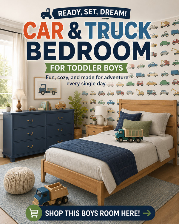 Design the ultimate car and truck toddler boy bedroom with cozy furniture, playful vehicle wallpaper, and timeless decor