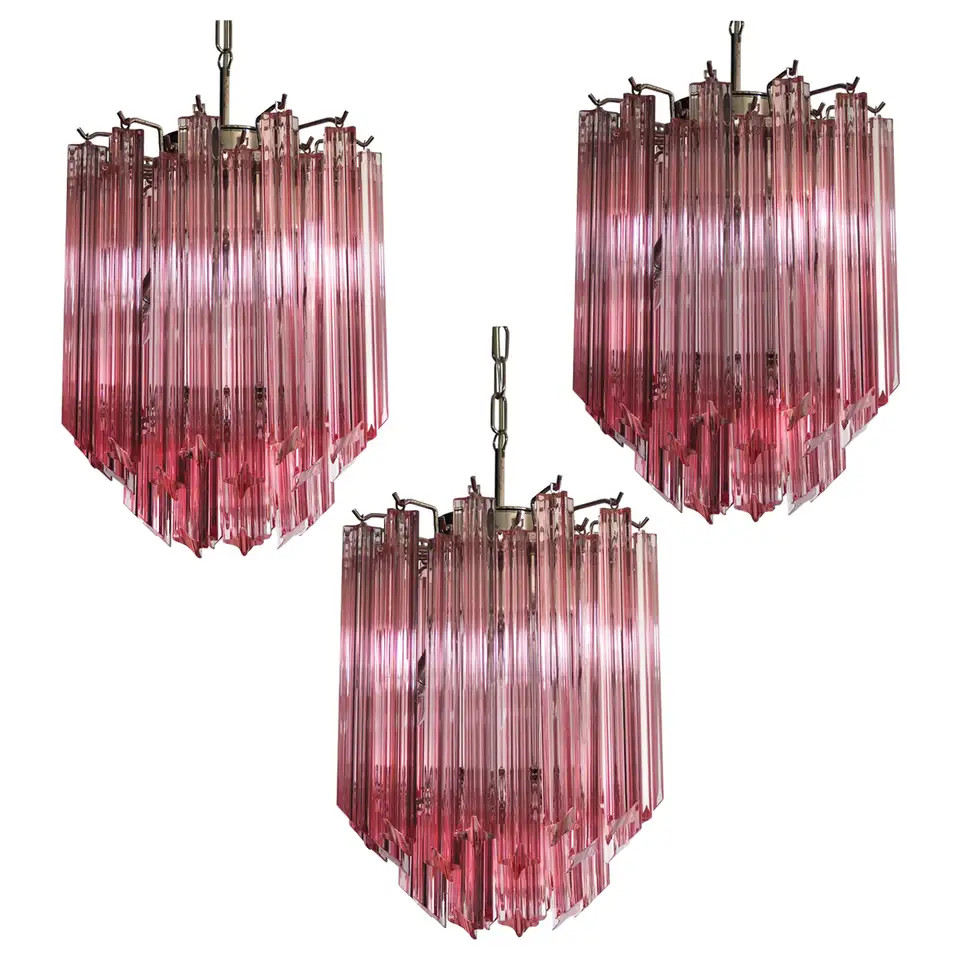 Amazing Trio of  Quadriedri Glass Chandeliers, 47 Pink Prism, Murano | 1stDibs