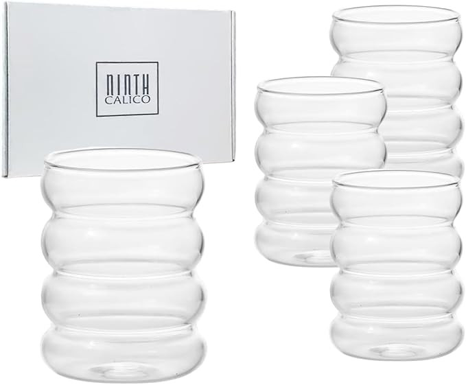 Clear Bubble Glasses Set of 4 - Wavy Rippled Drinking Glassware for Cocktails, Iced Coffee, Espre... | Amazon (US)