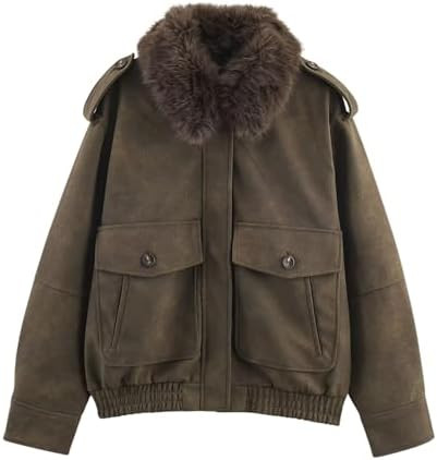 Chevara Women’s Trendy Faux Suede Jacket Long Sleeve Faux Fur Collar Zip Up Pocketed Coat Outwe... | Amazon (US)