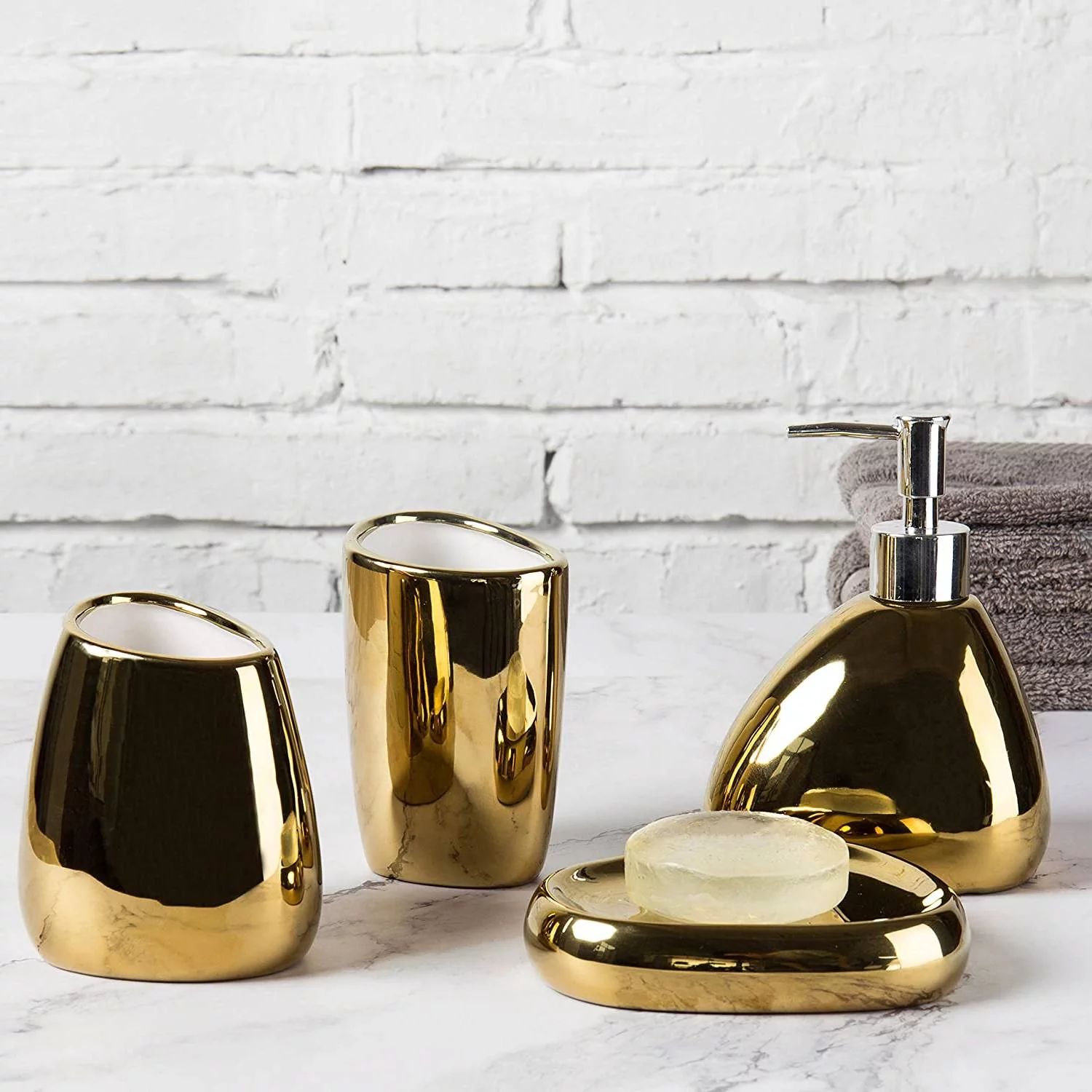 MyGift Gold Ceramic Bathroom Accessory 4 Set | Walmart (US)