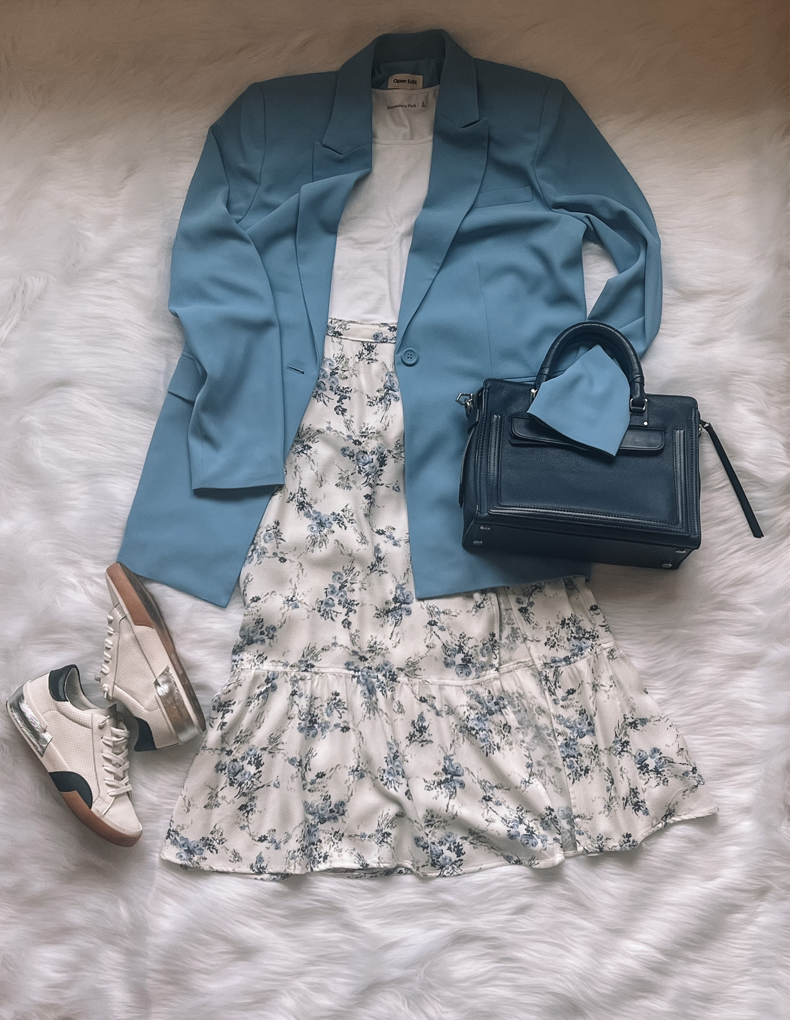 Casual and professional fall styled outfit. Midi skirt, white bodysuit, pale blue blazer, sneakers, Rebecca Minkoff satchel.

#LTKstyletip #LTKworkwear #LTKSeasonal
