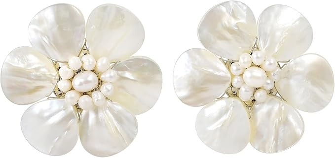 AeraVida Pretty White Mother of Pearl Flower Clip On Earrings for Women | Amazon (US)