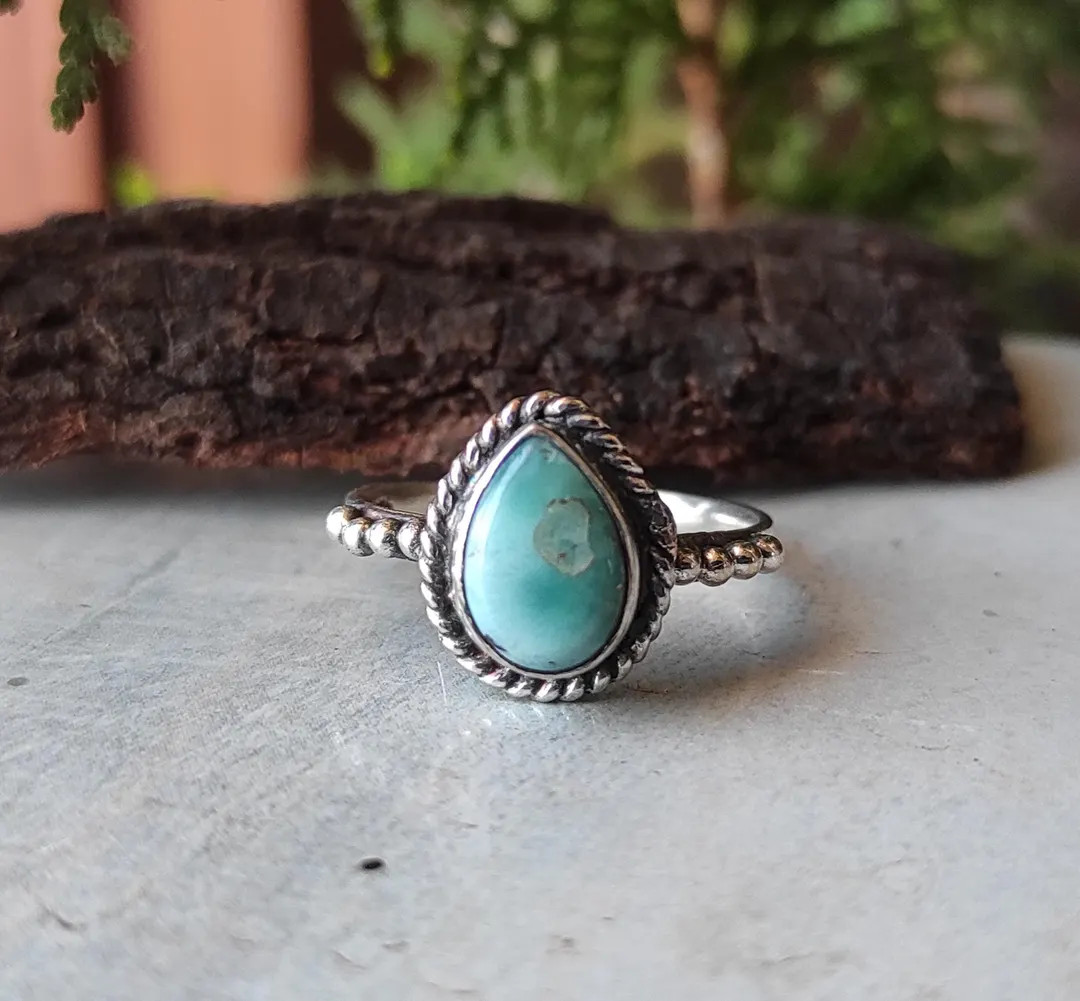 Handmade Pear Larimar Ring: Sterling Silver Boho Engagement Ring - Etsy | Etsy (US)