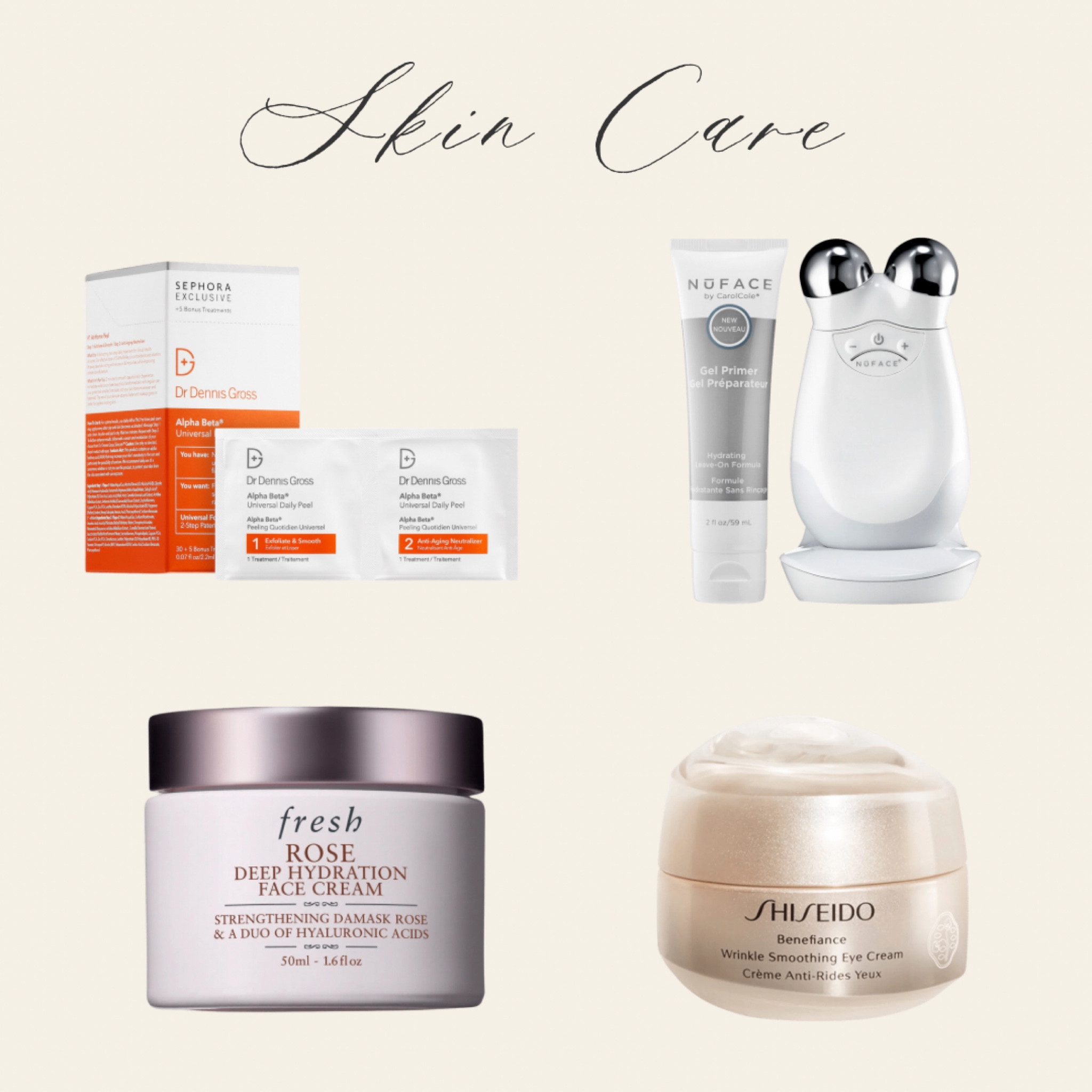 Wedding skin care prep, including NuFace, Dr. Dennis Gross Extra Strength Daily Peel Pads, Fresh Hyaluronic Acid Moisturizer, and Shiseido Wrinkle Smoothing Eye Cream. 

#LTKbeauty #LTKHoliday #LTKwedding