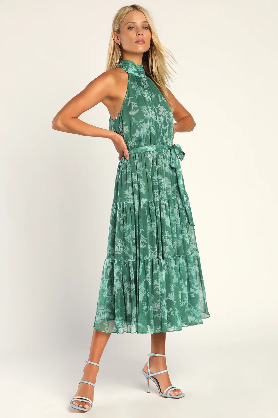 Float to You Green Floral Print Halter Tiered Midi Dress | Lulus (US)