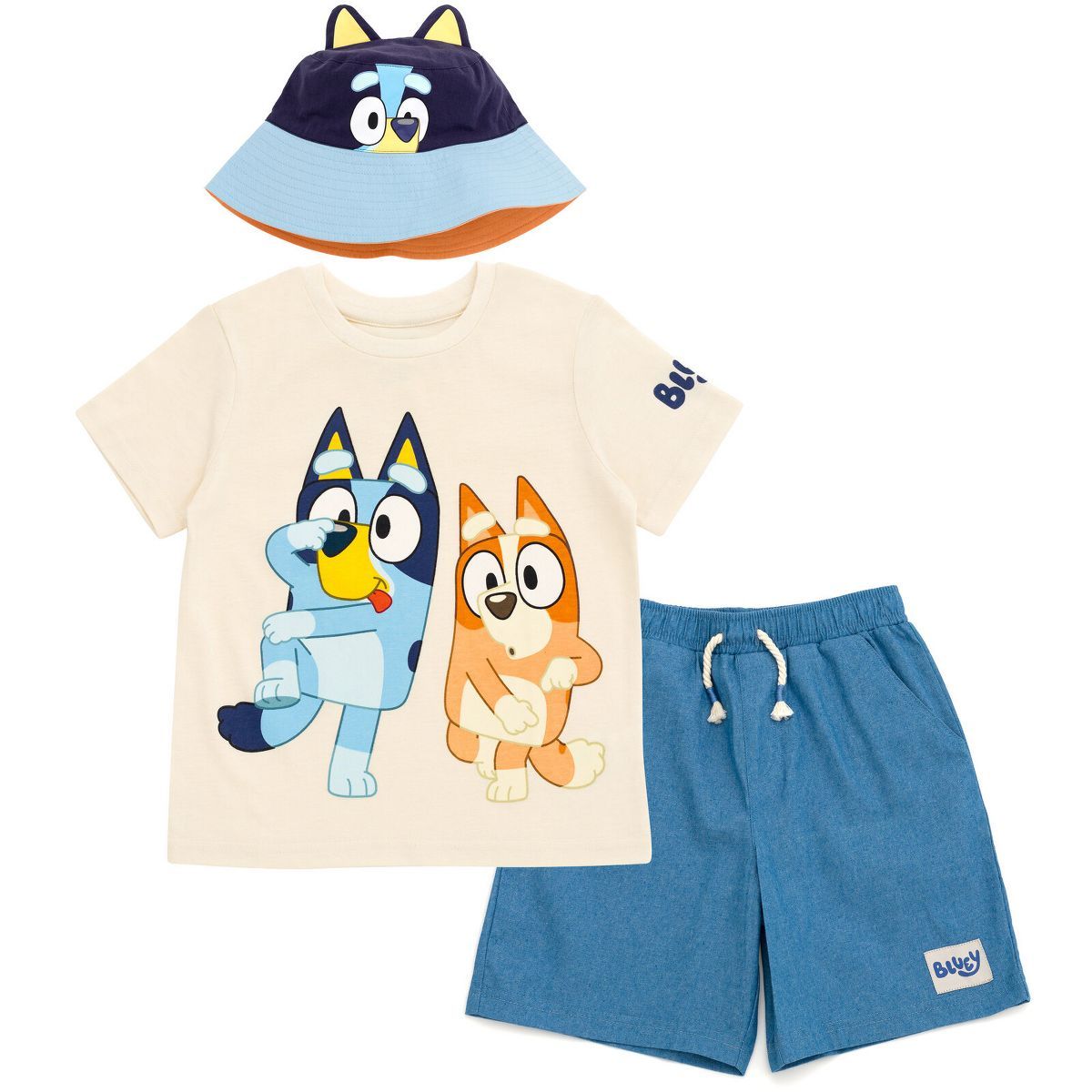 Bluey T-Shirt Chambray Shorts and Twill Bucket Sun Hat 3 Piece Outfit Set Little Kid to Big Kid | Target