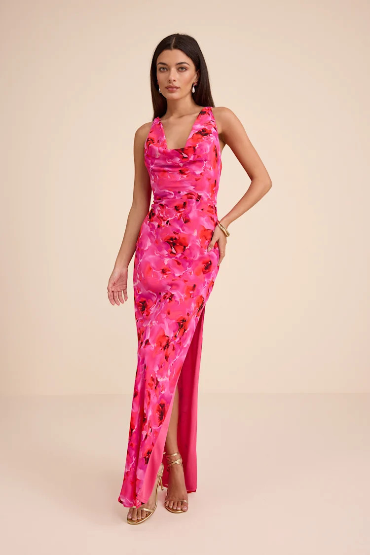 Marlesa Hot Pink Floral Cowl Back Maxi Dress | pink wedding guest dress pink | Lulus