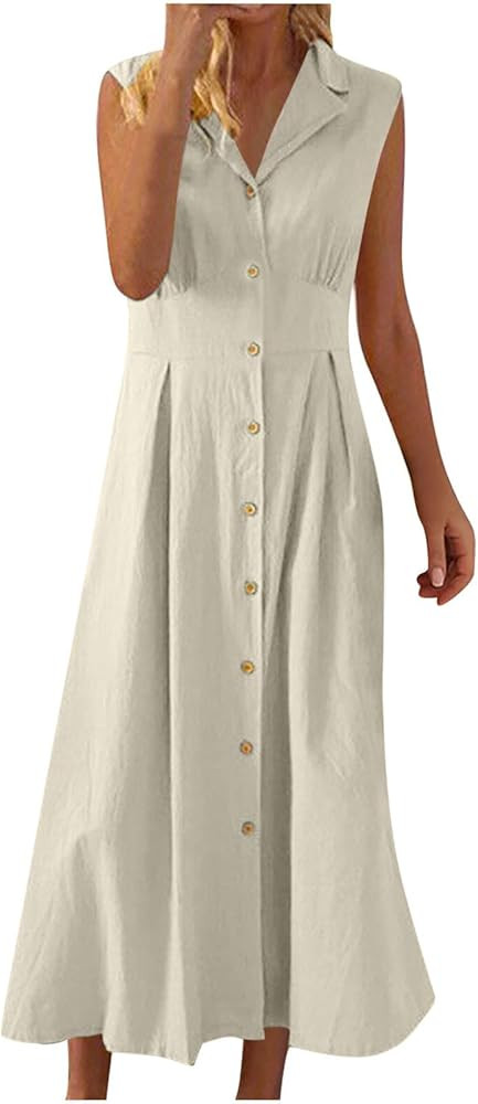 Women Casual Cotton Linen Shirt Dress Summer Sleeveless Button Down A Line Dress V Neck Work Coll... | Amazon (US)