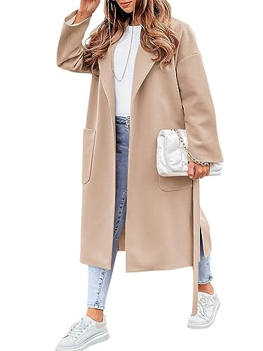 FSHAOES Womens Lapel Collar Pea Coat Open Front Overcoat Belted Long Jacket Outerwear | Amazon (US)
