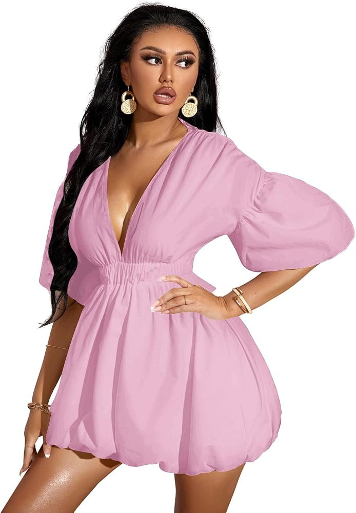 WDIRARA Women's Deep V Neck Puff Sleeve High Rise Flare Dress Elastic Waist Dress | Amazon (US)