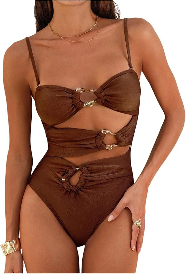 OYOANGLE Women's One Piece Swimsuit Metal Ring Linked Cut Out Bathing Suits Swimwear | Amazon (US)