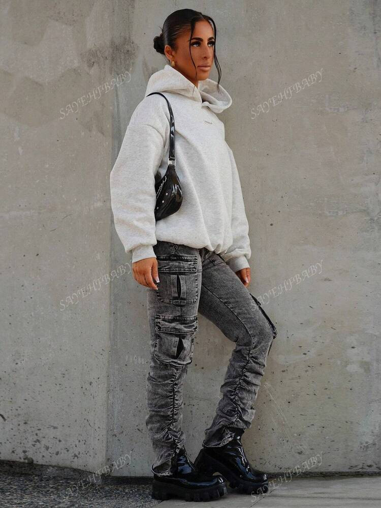 SAYEHFBABY Women's Flap Pocket Fold Street Style Jeans | SHEIN