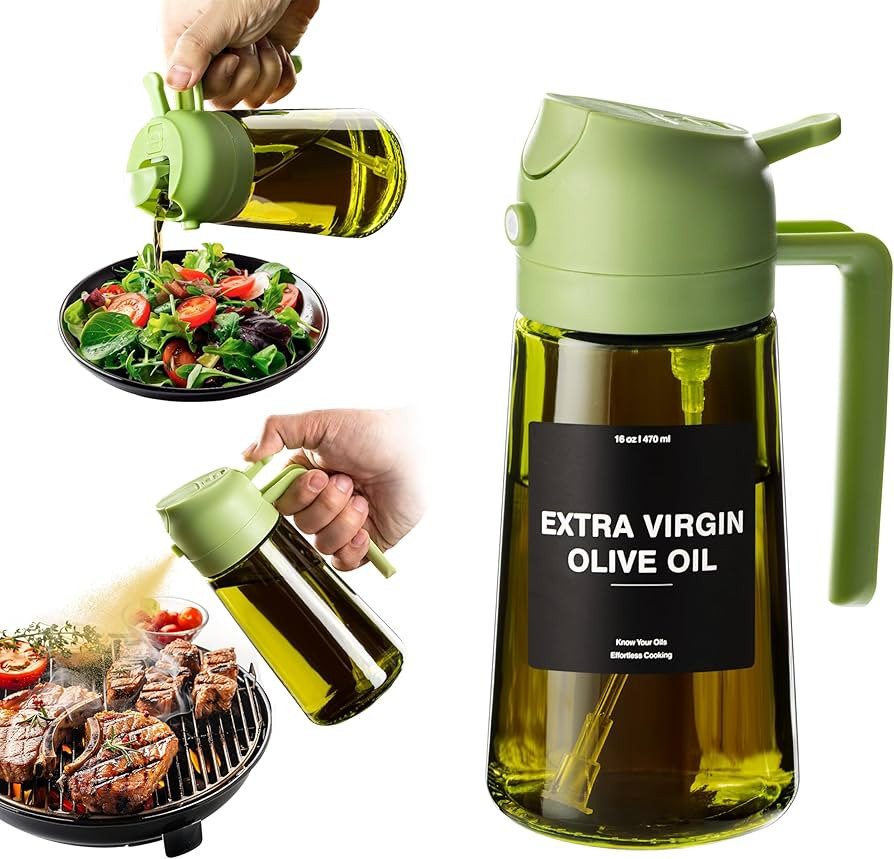 CXINYI - 16oz/470ml Olive Oil Dispenser for Kitchen with Stickers - 2 in 1 Olive Oil Sprayer for Cooking, Air Fryer, and Salad, Green (Light-Proof Kitchen Gadget) | Amazon (US)