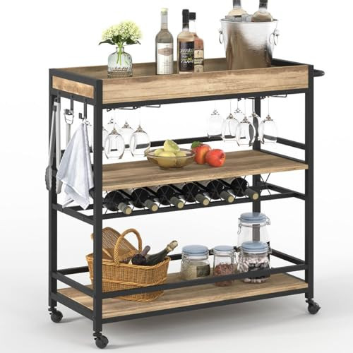 BON AUGURE Bar Cart for The Home, Bar Serving Carts on Wheels, 3 Tier Storage Drink Trolley, Rolling Wood and Metal Liquor Beverage Cart (Vintage Oak) | Amazon (US)