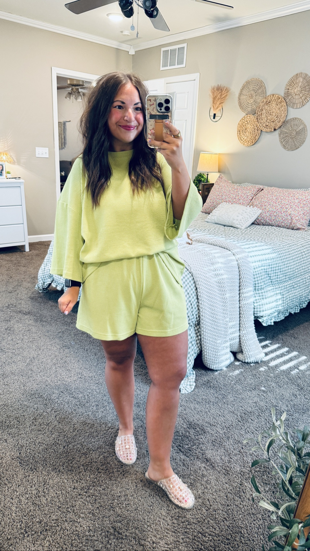 comfy but still cute 🤍✨ this matching set is one of those outfits you can throw on & instantly look put together 🙌🏻 perfect for errands, travel days, lounging, or everyday wear ☀️ obsessed with the waffle knit material & 3/4 length sleeves! 

 #LTKootd #LTKSeasonal #LTKMidsize
