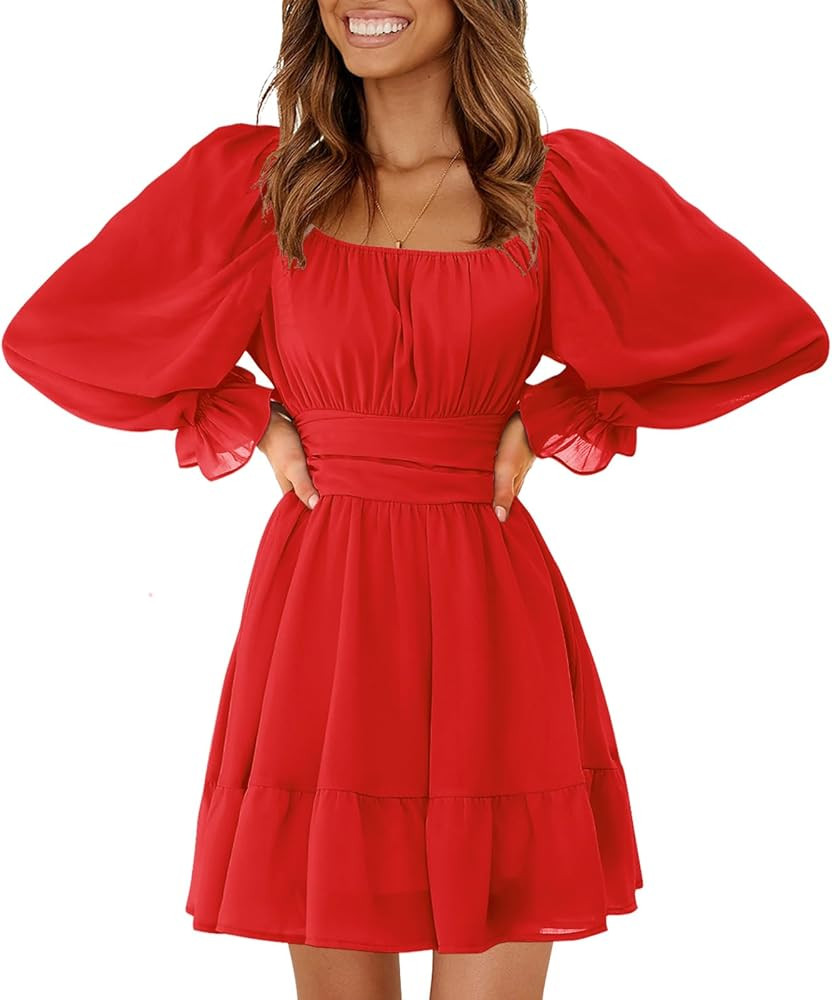 EXLURA Women's 2024 Casual Long Lantern Sleeve Dresses Square Neck Ruffle Tie Back Elastic Waist ... | Amazon (US)