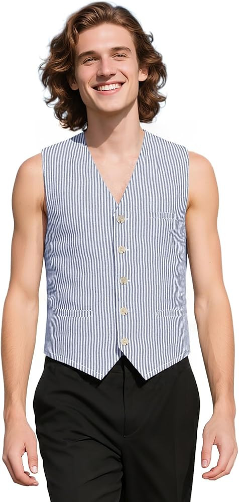 MllesReve Men Striped Vest Seersucker Slim Fit Formal Casual Waistcoat Business Vests | Amazon (US)