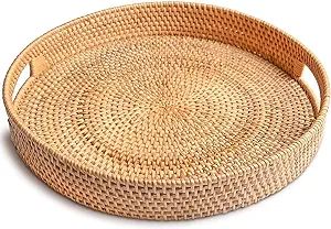 LELY HOME Round Rattan Woven Serving Tray w/ Handles, Home Table Decor Ottoman Tray for Breakfast... | Amazon (US)