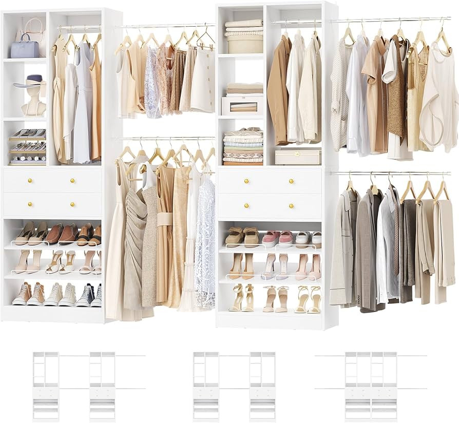 Besiost Closet System, Up to 134"/11.2 FT Closet Organizer with 4 Wooden Drawers and Shelves, Wal... | Amazon (US)