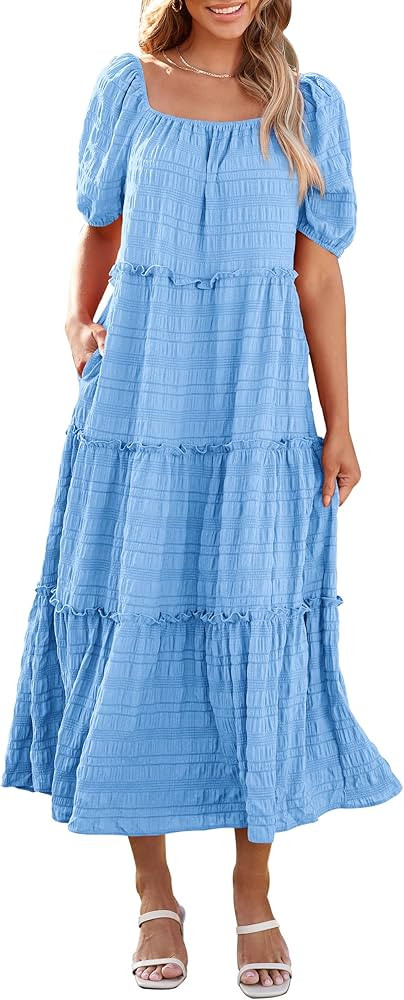 PRETTYGARDEN Women's Summer Maxi Dress Short Sleeve Square Neck Ruffle Tiered Flowy Casual Boho L... | Amazon (US)