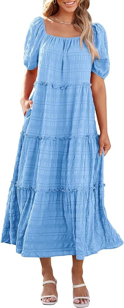 PRETTYGARDEN Women's Summer Maxi Dress Short Sleeve Square Neck Ruffle Tiered Flowy Casual Boho L... | Amazon (US)