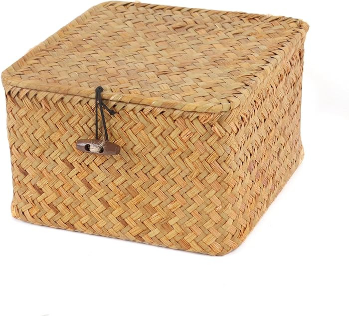 Wicker Shelf Baskets with Lid, Handwoven Seagrass Storage Basket Bins Square Gift Boxes for Shelv... | Amazon (US)