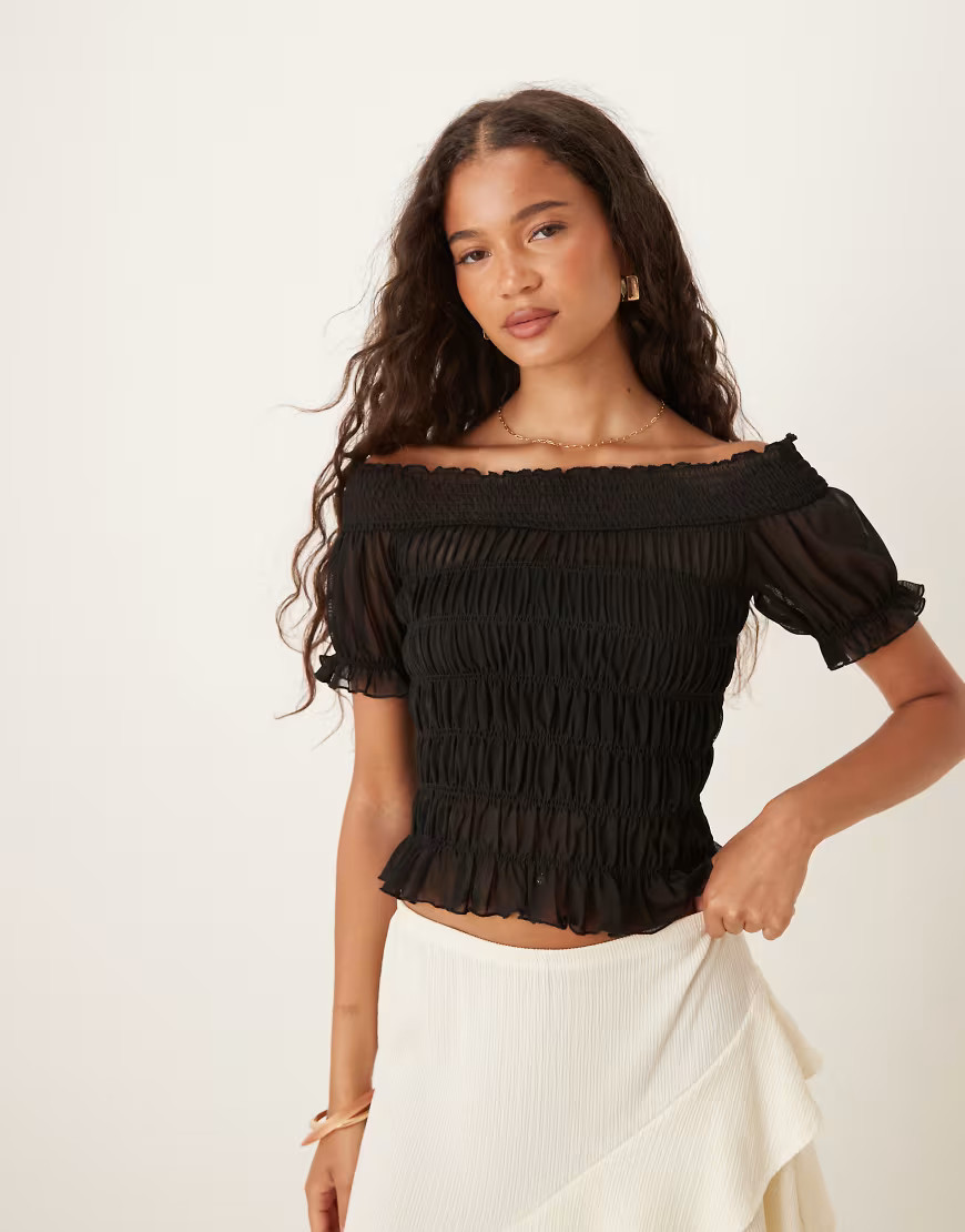 ASOS DESIGN bardot shirred short sleeve top in black | ASOS (Global)