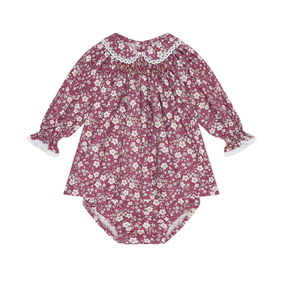 La Coqueta Burgundy Floral Palma Baby Girl Hand-Smocked Set | JoJo Mommy
