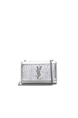 Saint Laurent Small Metallic Monogramme Kate Bag in Silver | FORWARD by elyse walker