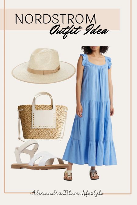 Nordstrom summer outfit idea! Cute 4th of July outfit idea! Church outfit! Summer wedding outfit! White strap sandals! Small straw tote bag purse! 

#LTKStyleTip #LTKFindsUnder100 #LTKItBag