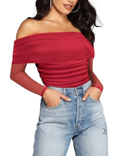 SAUNGKUAI Women's Off The Shoulder Long Sleeve Bodysuit Sexy Slimming Body Suit Tops Sheer Mesh Ruched Outfits Red L | Amazon (US)