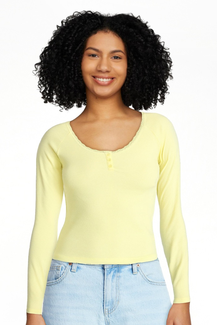 No Boundaries Long Sleeve Henley Top with Lace Trim, Women's XXS-XXL | Walmart (US)