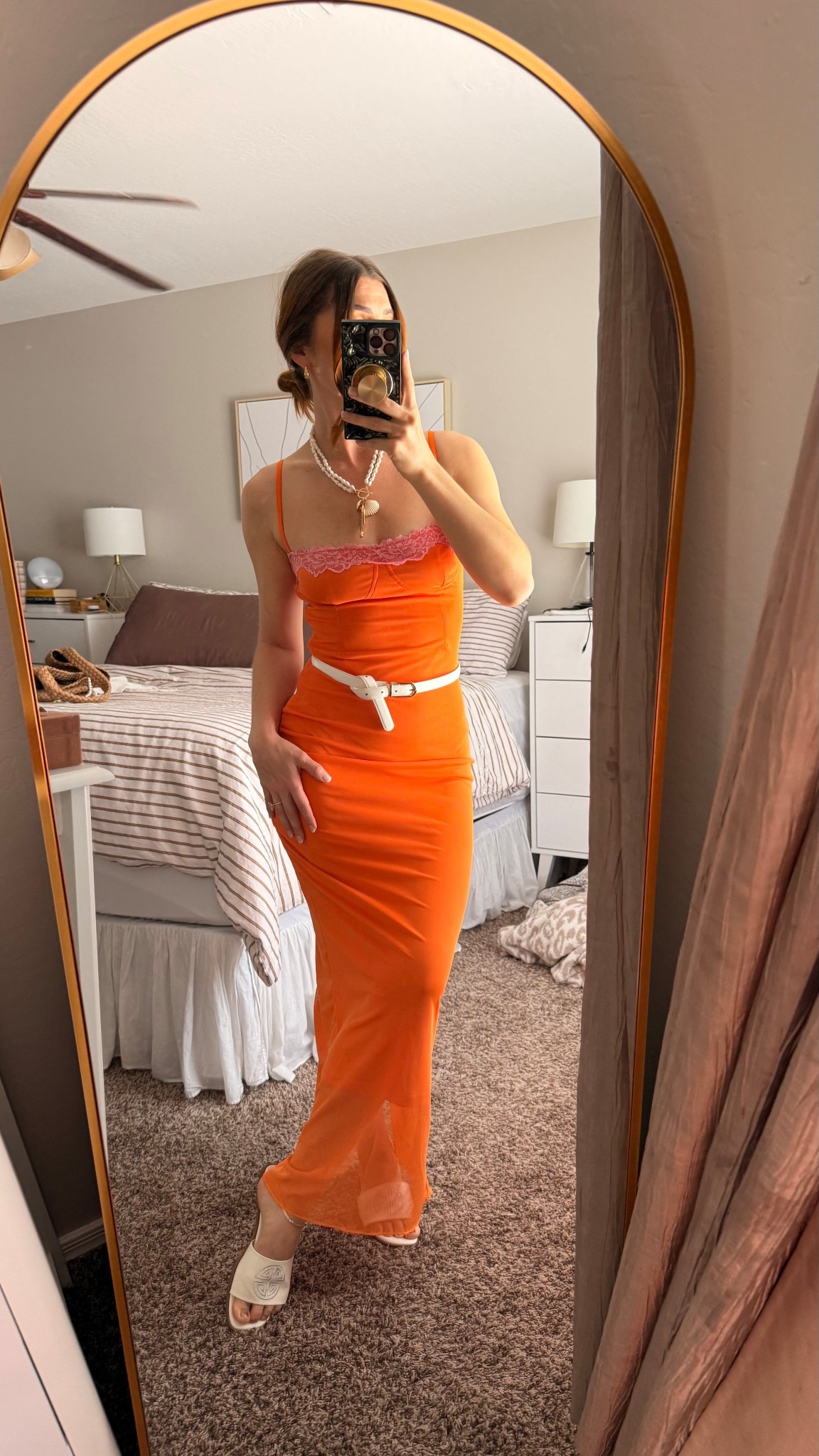 Orange and pink dress size S, had a side zipper to put it on, double layer, adjustable straps, and great for the ittby bitty 🍒 committee 😉. 

White slide sandals, true to size, super comfy!

White and gold waist belt, tts. 

#LTKPetite #LTKSeasonal #LTKootd