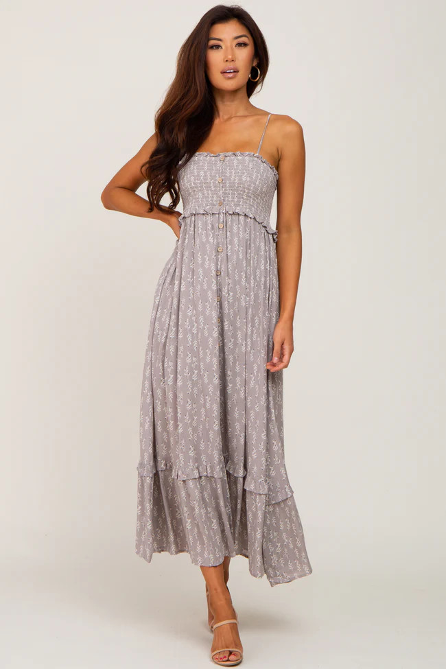 Grey Leaf Print Smocked Dress | PinkBlush Maternity